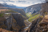 Nature and landscape of Norway, canyon waterfall panorama Voringfossen and Tysvikofossen in spring