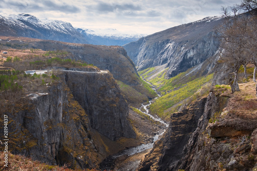 Nature and landscape of Norway, canyon waterfall panorama Voringfossen and Tysvikofossen in spring