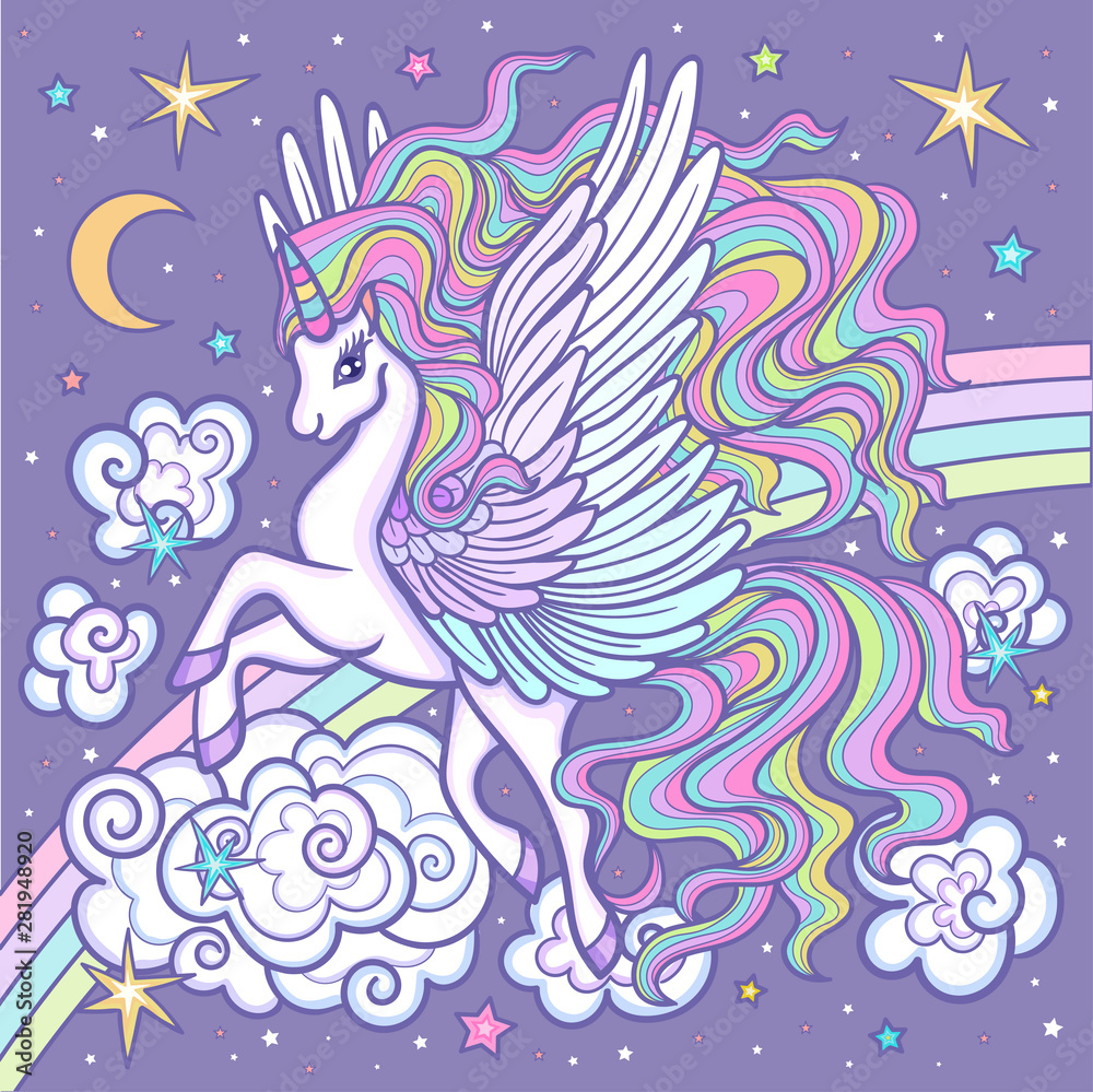 White unicorn with a rainbow mane. illustration for kids design. Cute fantasy animal. Vector