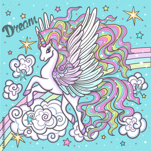 Dream. White unicorn. Vector illustration