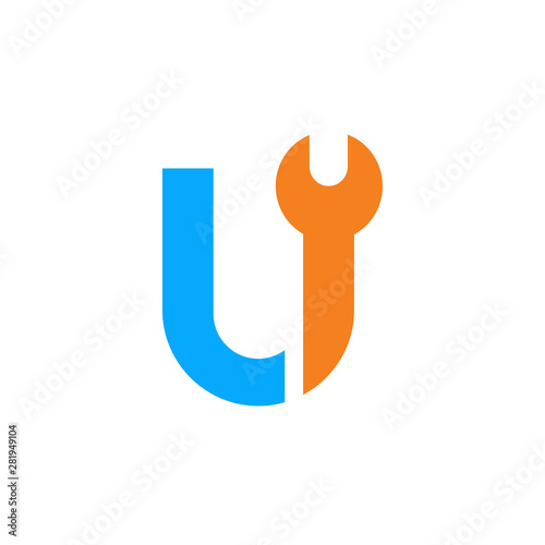 Letter U Wrench Logo Icon. Plumber, Repairman or Mechanic Concept - Vector