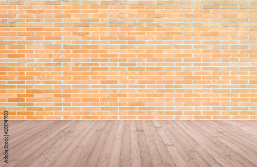 Orange-brown brick wall with wood floor in red brown color background of interior decoration