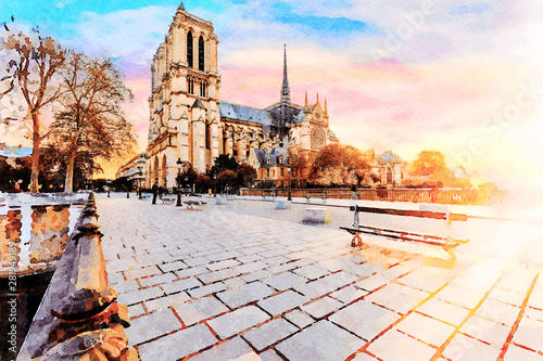 Beautiful Digital Watercolor Painting of Notre Dame in Paris, France