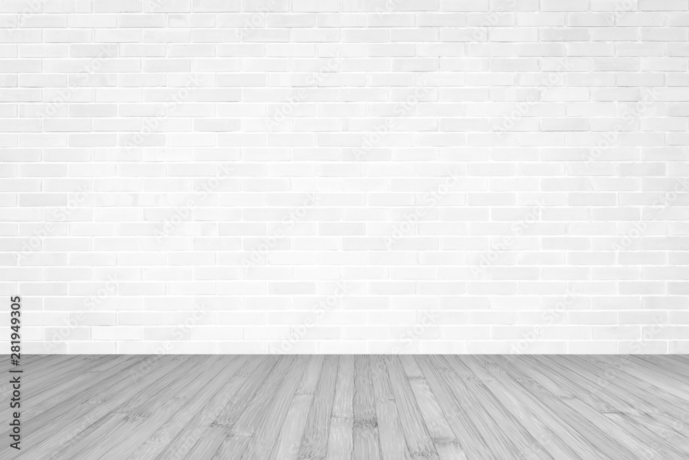 White brick wall with wooden floor textured background in light grey color - obrazy, fototapety, plakaty 