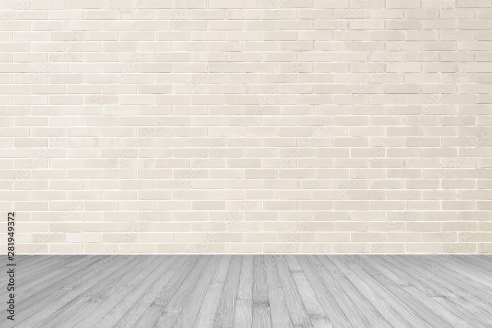 Cream brown brick wall textured background with wooden floor in grey for interiors