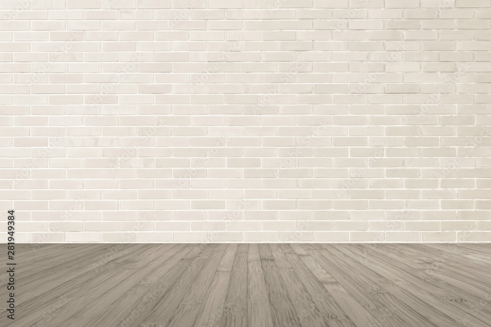 Cream brown brick wall textured background with wooden floor in sepia brown for interiors - obrazy, fototapety, plakaty 