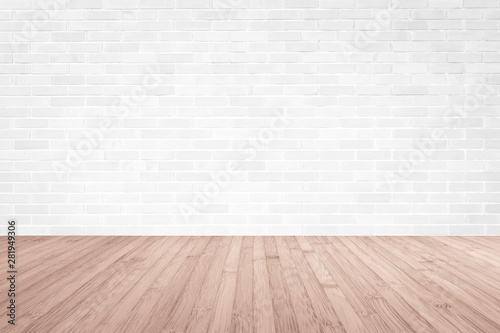 White brick wall with wooden floor textured background in light red brown color