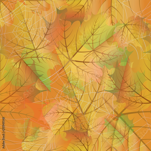 Autumn seamless background with maple leaves and spider web  vector illustration