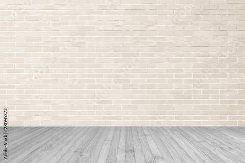 Cream brown brick wall textured background with wooden floor in grey for interiors