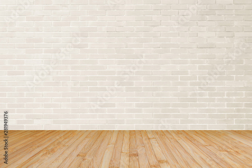 Cream brown brick wall textured background with wooden floor in yellow brown for interiors