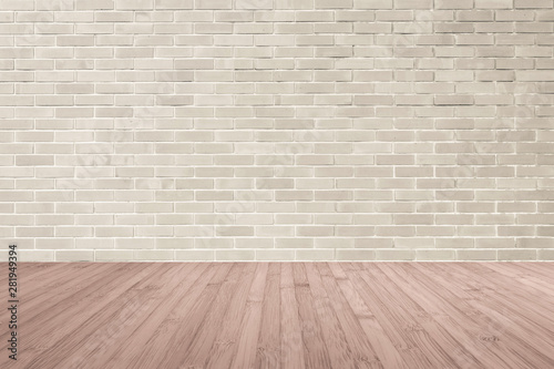 Cream brown brick wall textured background with wooden floor in red brown for interiors