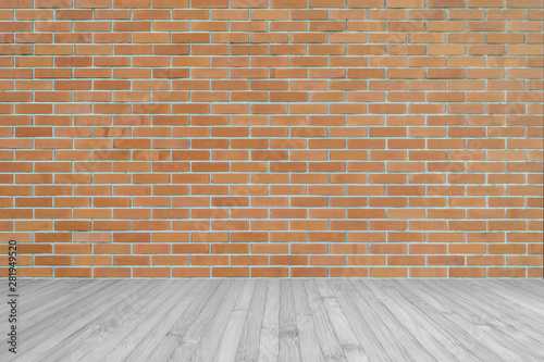 Dark orange brown brick wall texture background with wooden floor in grey