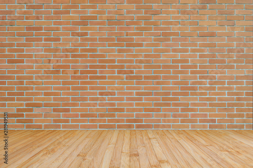 Dark orange brown brick wall texture background with wooden floor in yellow brown