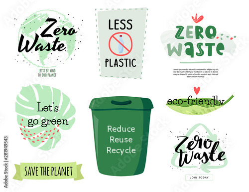 Zero waste concept elements set. Collection of ecological design.
