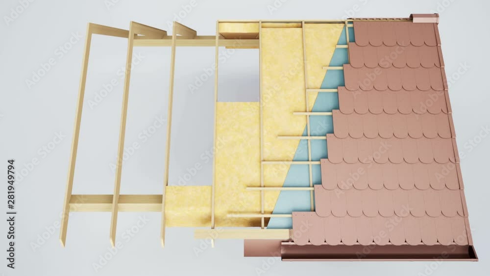 Section of roof structure, visible rafters, insulation, brown ceramic ...