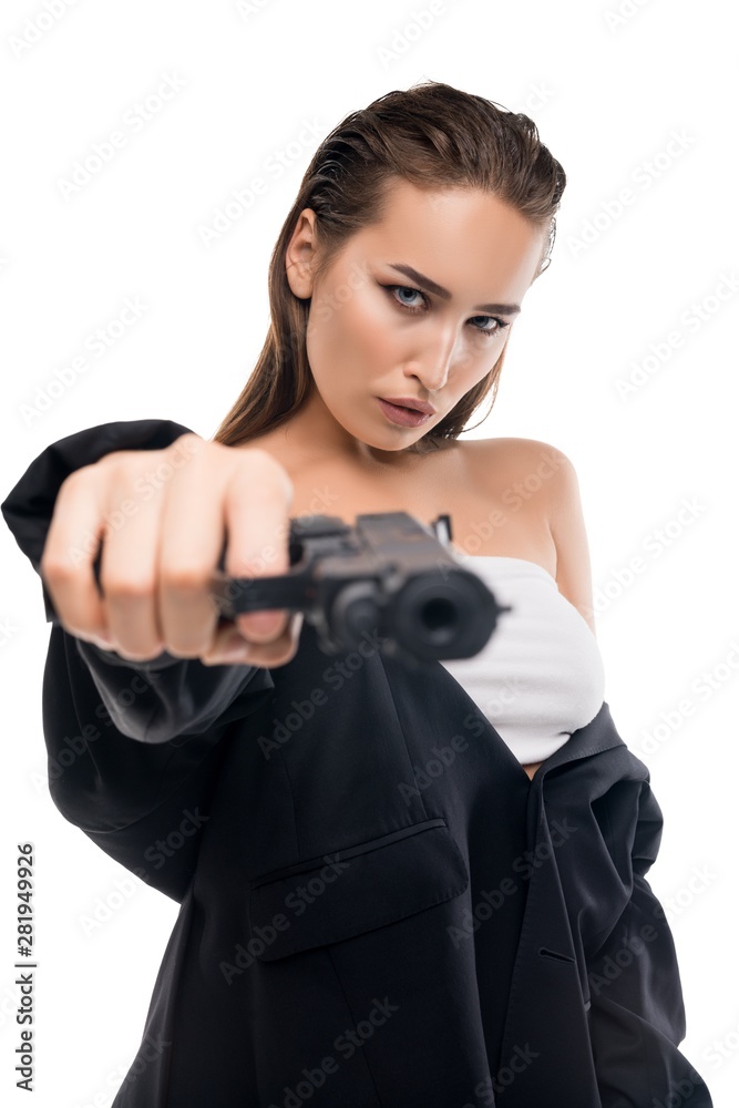 Beautiful brunette in sexy top with a gun shot Beautiful brunette in sexy top with a gun shot