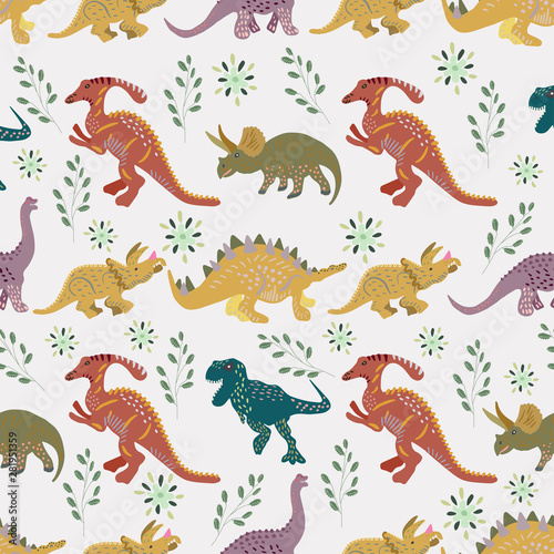 Dinosaurs hand drawn seamless pattern on white background