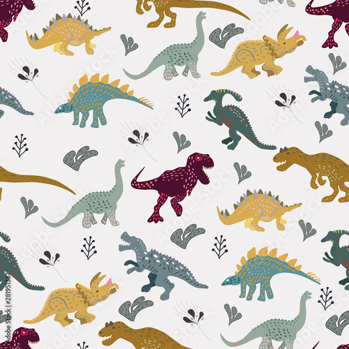 Fototapeta Naklejka Na Ścianę i Meble -  Cute dinosaur character illustration seamless pattern