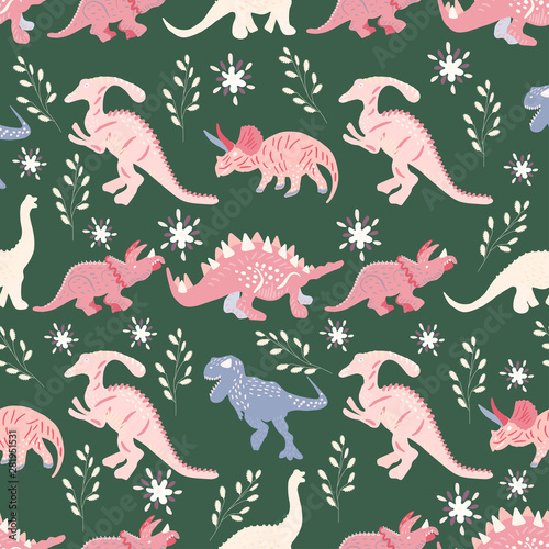 Pink dinosaurs hand drawn seamless pattern on green background