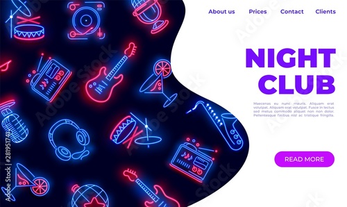 Neon night club landing. Dance music karaoke bar web page with black background. Vector illustration glowing night party website concept
