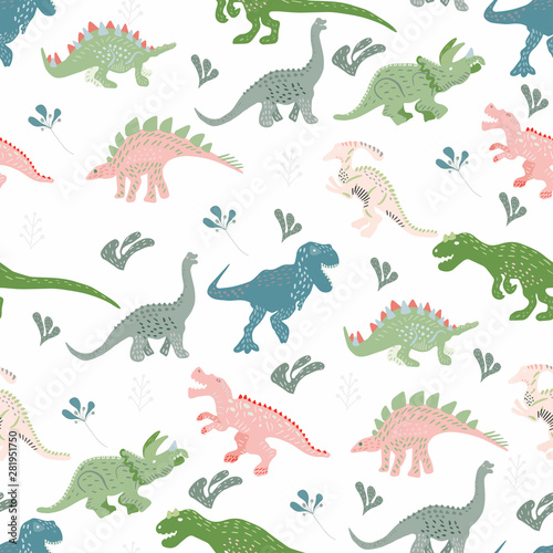 Blue, pink and green dinosaurs seamless  pattern