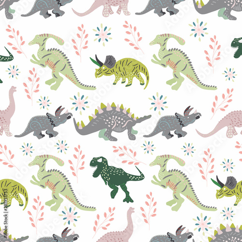 Grey and green dinosaurs hand drawn seamless pattern