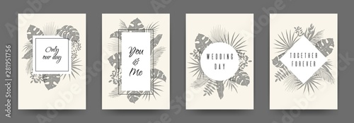 Wedding flat plant posters. Greeting or invitations card template with floral ornament. Vector image botanical frames, jungle leaves for wishes or birthday pattern