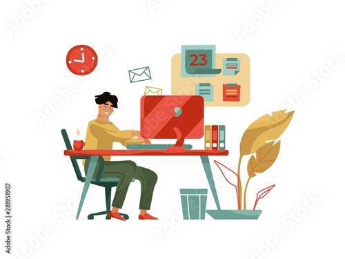 Character working at computer. Trendy modern scene with creative man professional with laptop at home or cafe. Vector cartoon happy young designer freelance