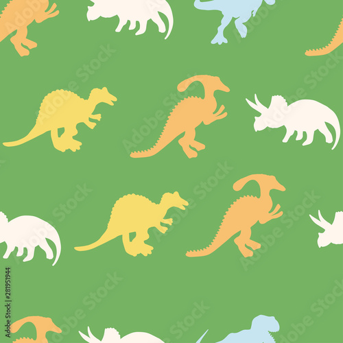 Pastel colours dinosaurs silhouette seamless pattern on bright green colour background
