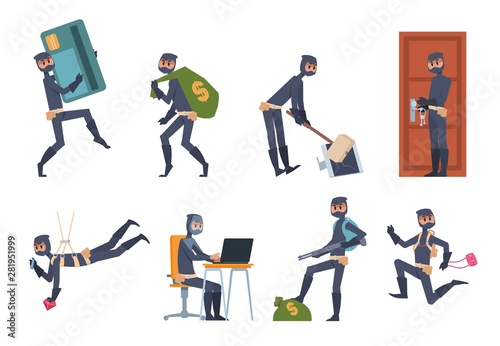 Cartoon thief. Car burglary and house robbery flat scenes, criminal person wearing black clothes. Vector illustration hacking and money stealing masked criminal