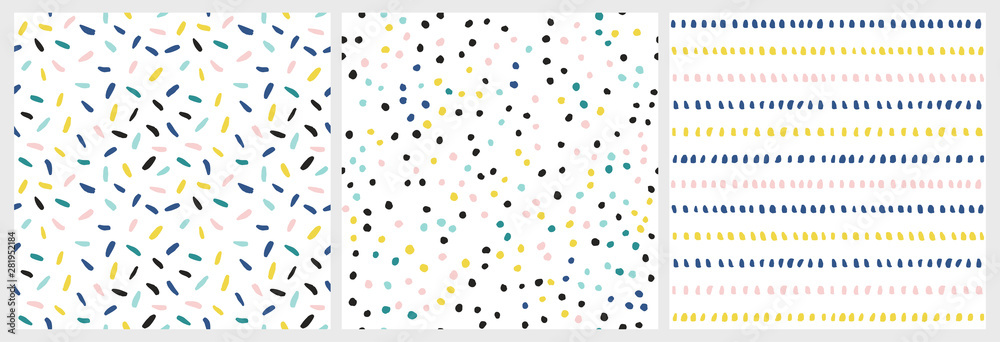 Confetti vector pattern set. Collection of abstract festive seamless background with colorful sprinkles and dots.