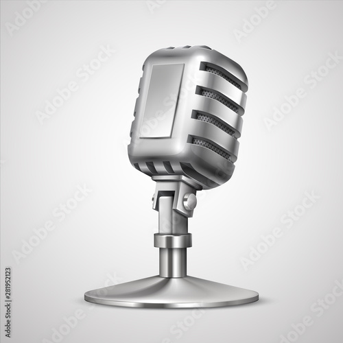 Realistic retro microphone. 3D vintage professionals metal mic on holder, classic record equipment isolated on white background. Vector studio broadcast for radio show