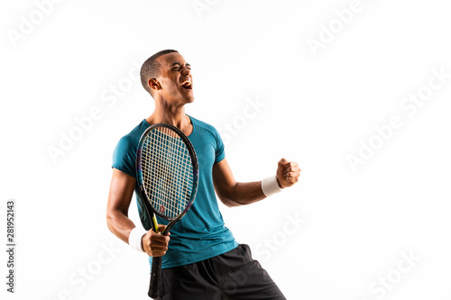 Afro American tennis player man over isolated white background . photo
