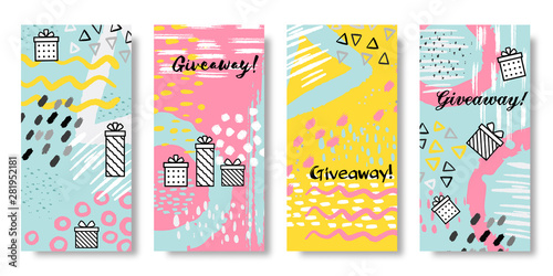 Giveaway banners. Social media sale post and give away action template, share and refer friends concept. Vector gift box banner set