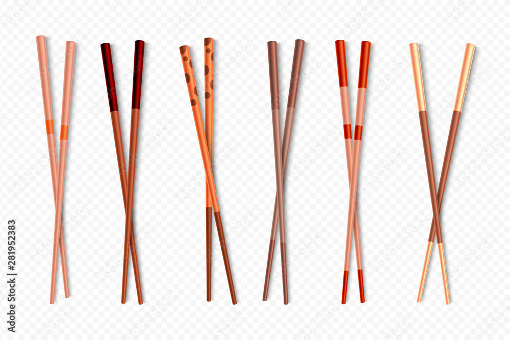 Food Chopsticks. Wooden Chinese sticks for Asian dishes, different