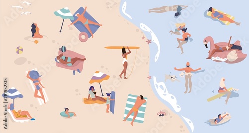 Summer beach with people. Men and women doing vacation activities, swimming lying and sitting cartoon characters. Vector illustration sea active vacation scene, happy lady in bikini