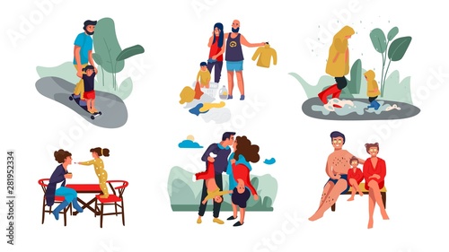 Family scenes. Happy parents and children trendy cartoon characters spending time together at home and outdoor. Vector set image nurturing and education kid happy parents © SpicyTruffel