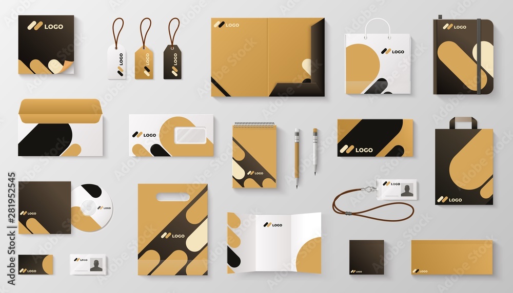 Set of corporate identity branding mockup. Realistic office stationery branding business card letter envelope mug brand brochure cover. Vector mock up image corporative it branding Stock Adobe Stock