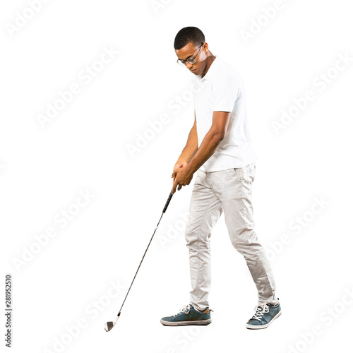 Full-length shot of Afro American golfer player man over isolated white background