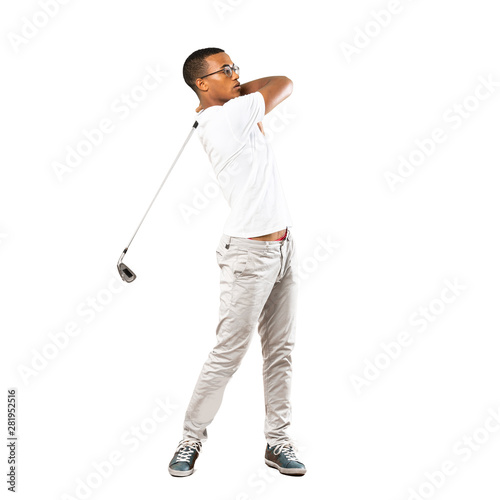 Full-length shot of Afro American golfer player man over isolated white background