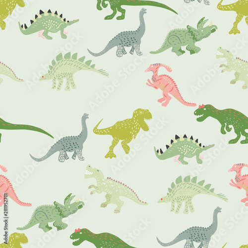 Green dinosaurs seamless pattern on light green background
