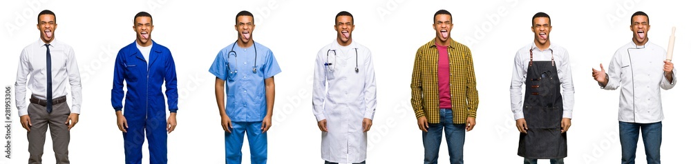 Set of doctor, barber and businessman showing tongue at the camera having funny look Set of doctor, barber and businessman showing tongue at the camera having funny look