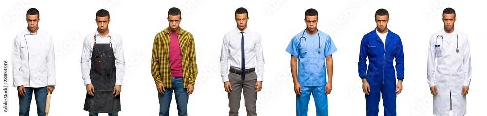 Set of doctor, barber and businessman with sad and depressed expression Set of doctor, barber and businessman with sad and depressed expression