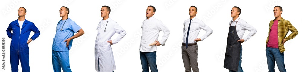 Set of doctor, barber and businessman suffering from backache for having made an effort Set of doctor, barber and businessman suffering from backache for having made an effort