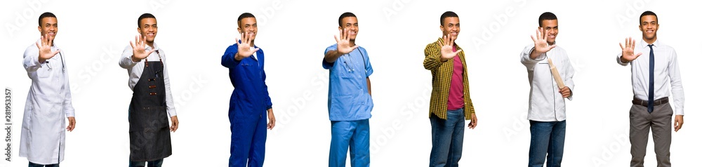Set of doctor, barber and businessman counting five with fingers Set of doctor, barber and businessman counting five with fingers