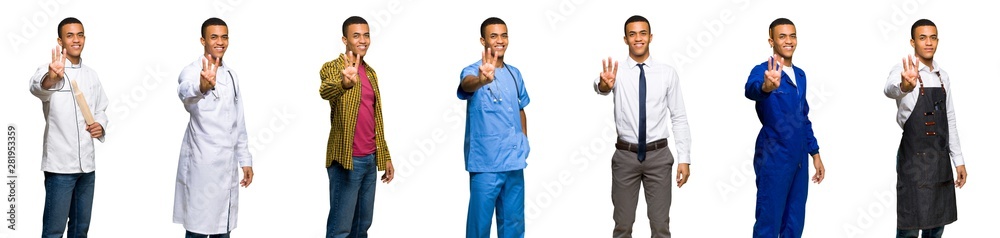 Set of doctor, barber and businessman happy and counting three with fingers Set of doctor, barber and businessman happy and counting three with fingers