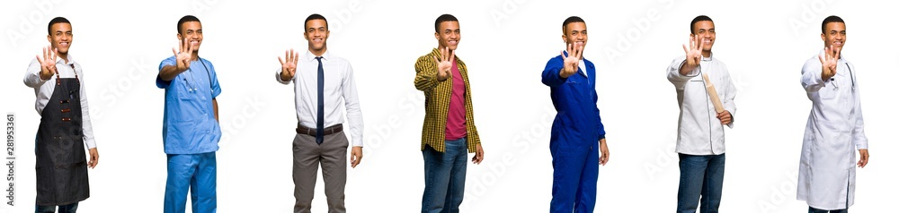 Set of doctor, barber and businessman happy and counting four with fingers Set of doctor, barber and businessman happy and counting four with fingers