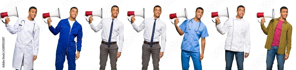 Set of doctor, barber and businessman taking a megaphone that makes a lot of noise