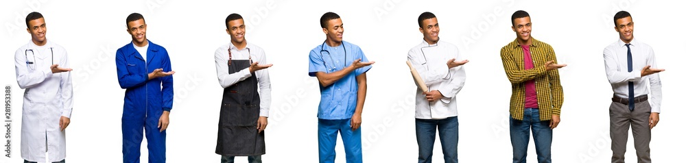 Set of doctor, barber and businessman presenting an idea while looking smiling towards Set of doctor, barber and businessman presenting an idea while looking smiling towards