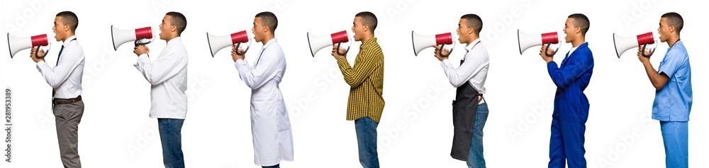 Set of doctor, barber and businessman shouting through a megaphone to announce something in lateral position Set of doctor, barber and businessman shouting through a megaphone to announce something in lateral position